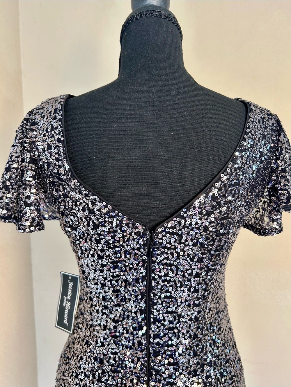 NWT Jessica Howard Black & Silver Sequin Flutter Sleeve Sheath Dress 6P